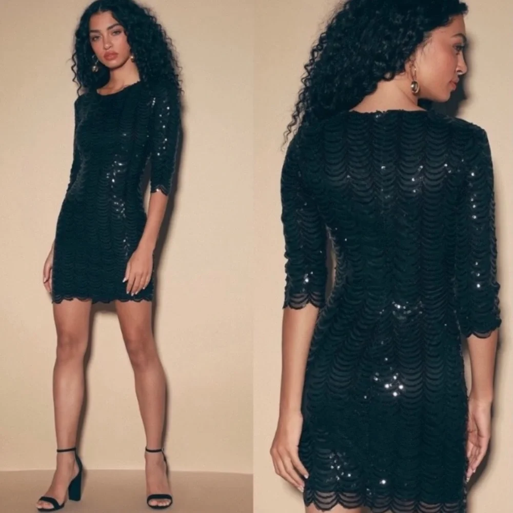 LuLu’s Black Stardust Scalloped Sequin Mini Dress - Picture 7 of 7